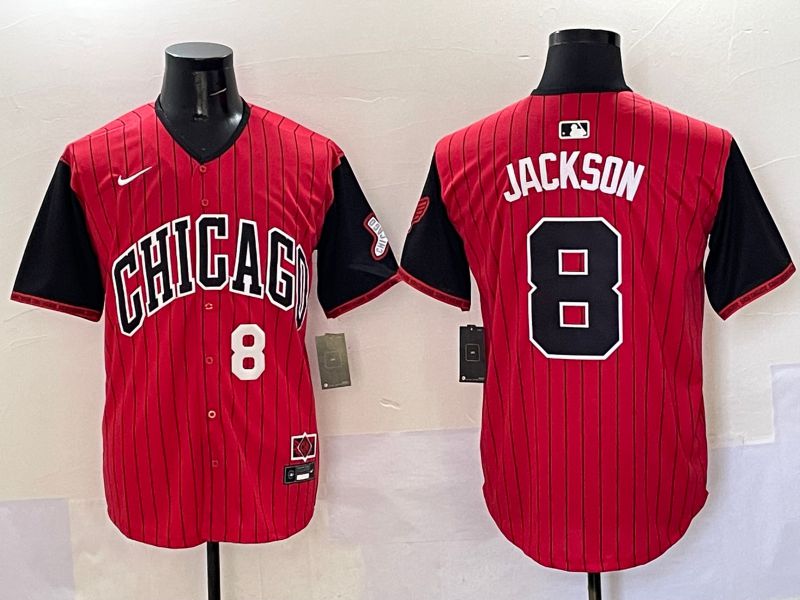Men Chicago White Sox 8 Jackson Red Stripe Joint Name Nike 2025 MLB Jersey style 2